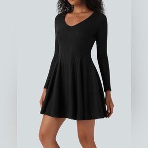 HALARA Ribbed Knit V Neck Long Sleeve Flare Mini Casual Dress